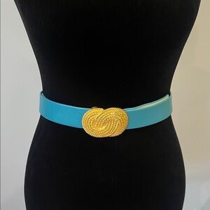 Elegant Aqua Blue faux leather Belt with Gold Buckle